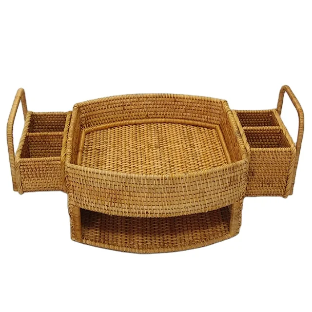 wholesale eco friendly natural serving rattan tray with handle supplier from Vietnam wicker storage tray for dinner tablewares