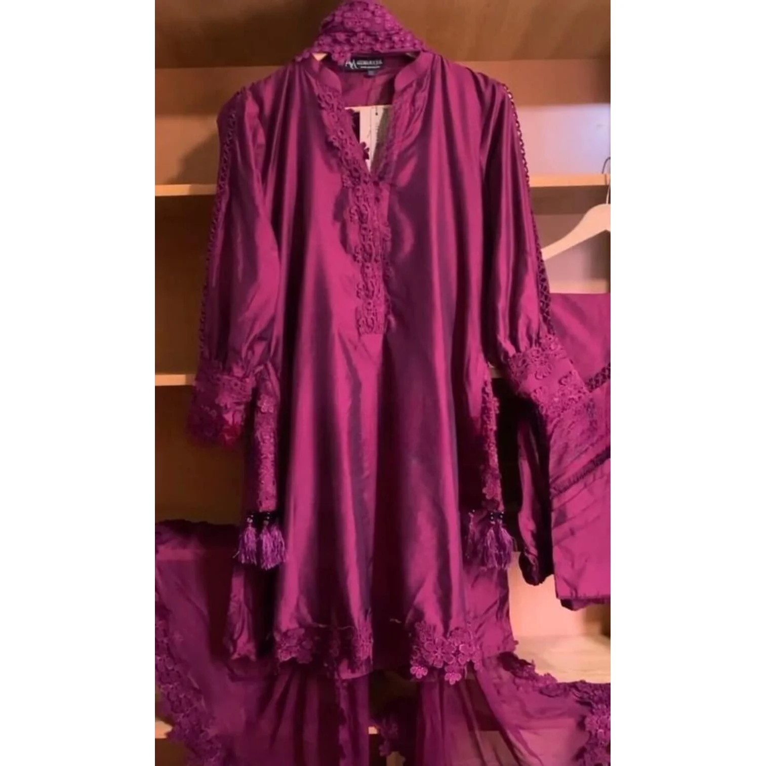 FORMAL WEAR DULL SANTOON GPO LACE WORK TOP BOTTOM WITH DUPATTA WINE