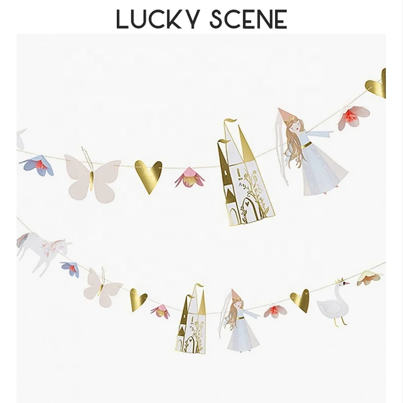 Гирлянда с золотым тиснением в виде замка единорога, принцессы, украшение для детского дня рождения, праздничный баннер S00892