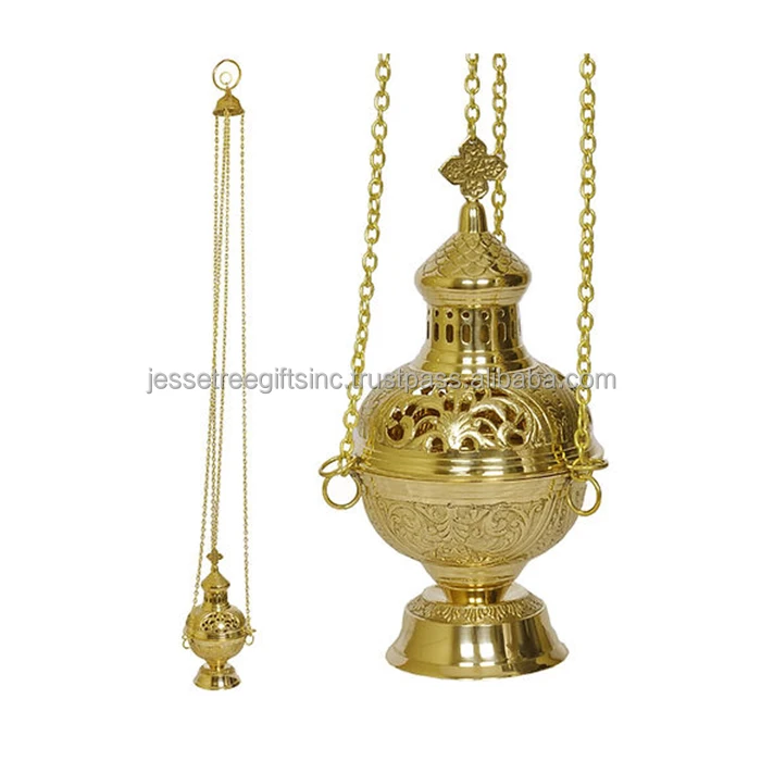Metal Hanging Incense Burner With Brass Polish Finishing Round Shape Embossed Floral Design Premium Quality For Religious