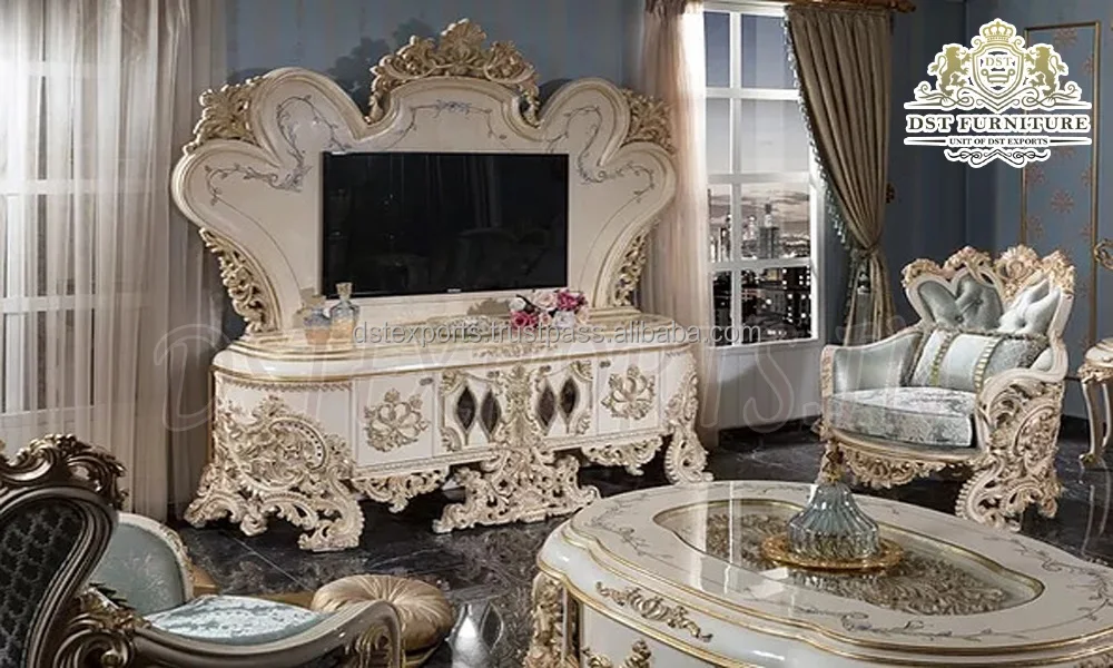 Traditional TV Wall Unit in Walnut Finish Antique Handcrafted TV Wall Unit Furniture Classic Baroque Style TV Unit Furniture