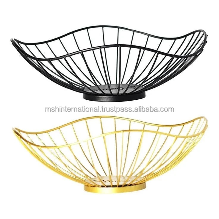 Manufactory High Quality Special Pattern Countertop Gold Wire Fruit Basket Metal Iron Food Fruit Storage Basket In Bright Golden