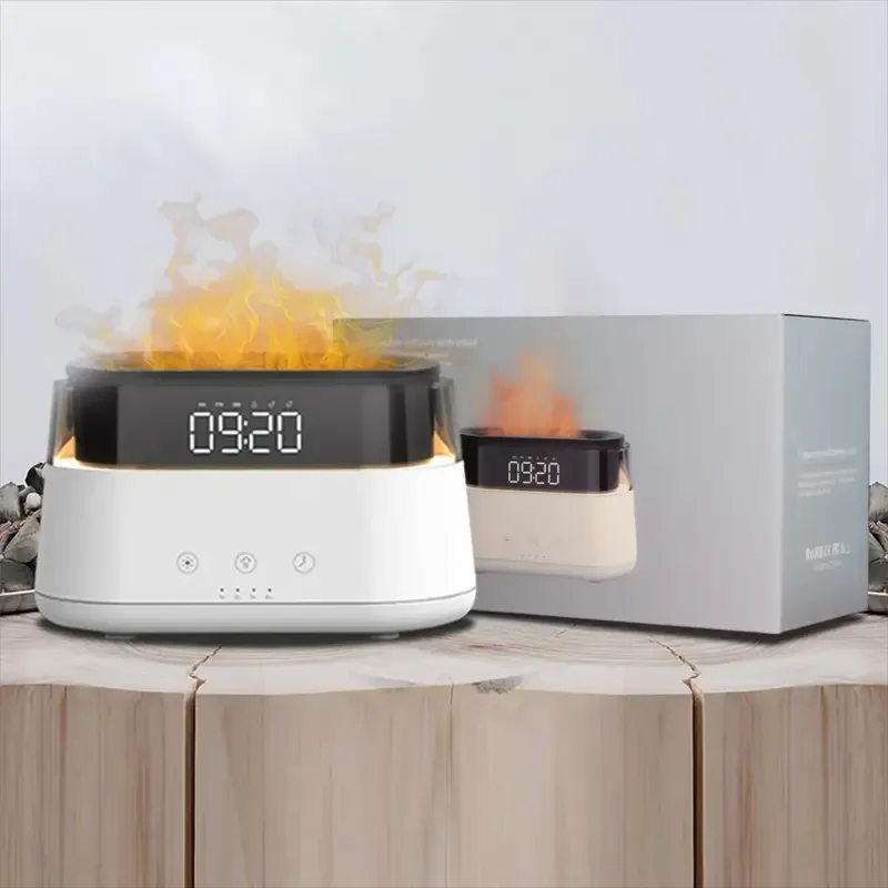 2023 New Multi-function LED Clock USB Electric Ultrasonic Smart Fire Flame Essential Oil Air Humidifier Aroma Diffuser