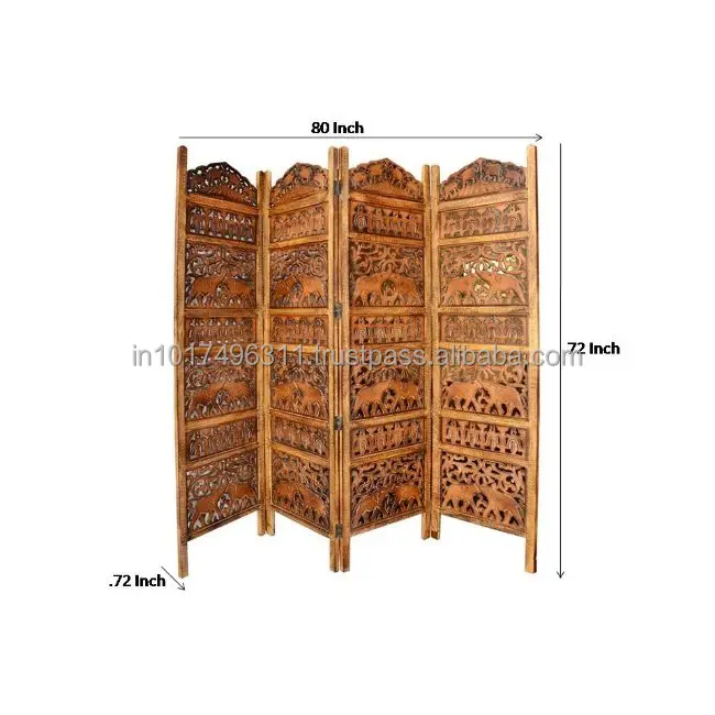Handcrafted 4 Panel Room Partition (Brown) Solid Wood Decorative Screen (Free Standing Finish Color - Brown )