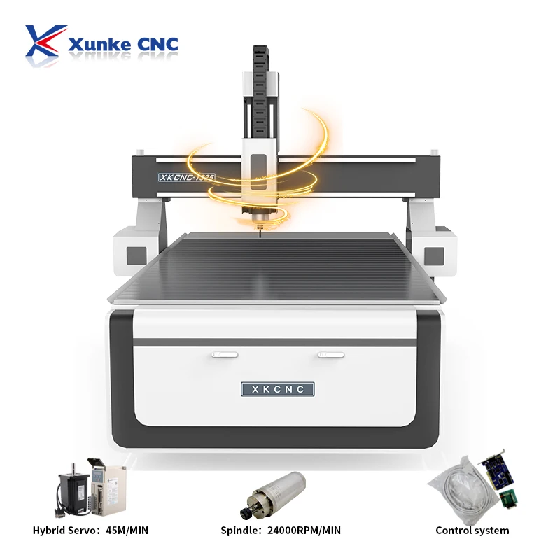 Xunke aluminum  working base mable carving 12 straight tools changer 1325 spindle motor cnc router machine