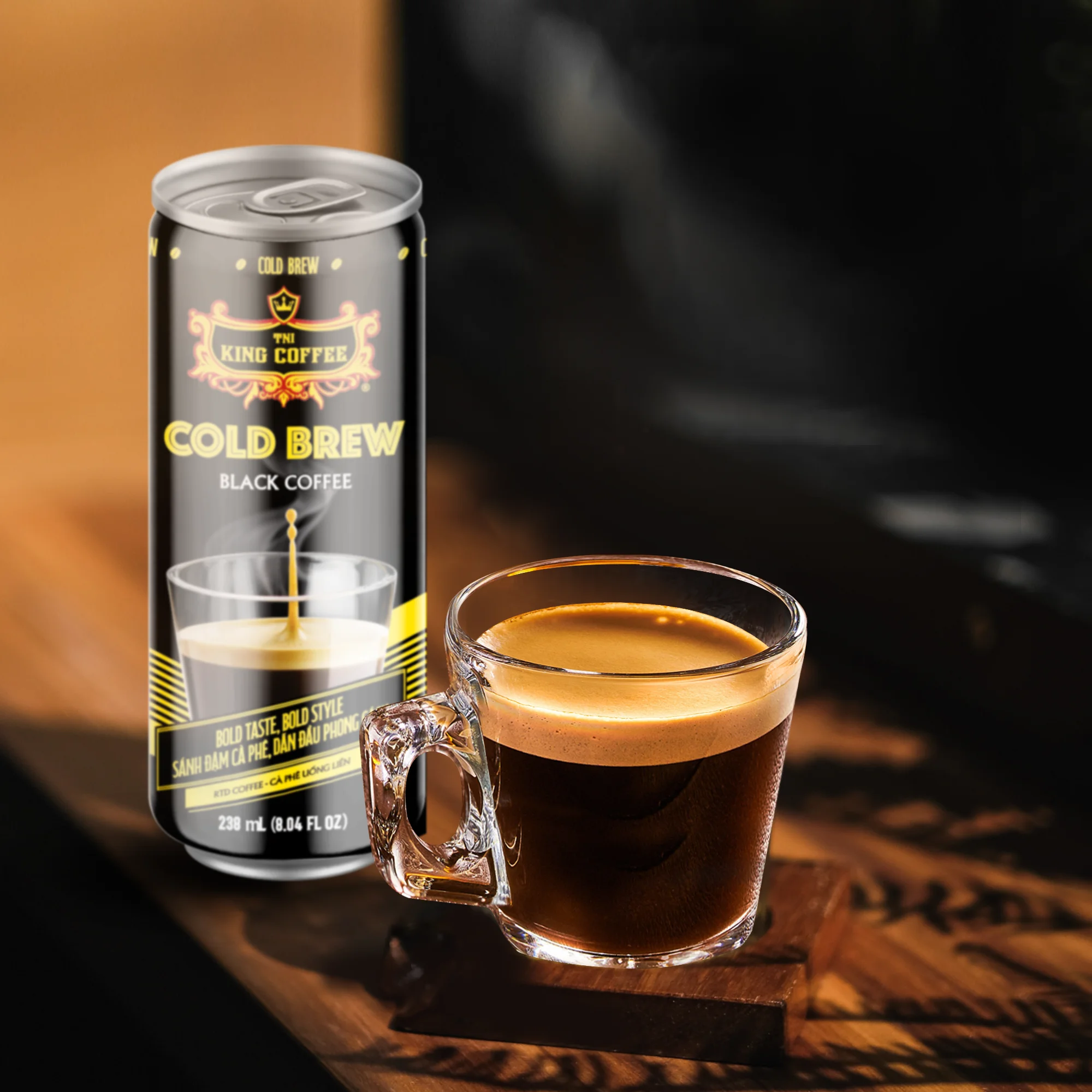 KING COFFEE - (RTD) Cold Brew Black Coffee Can 238 ml packed in 24 can per box from Top Vietnamese Coffee Brand