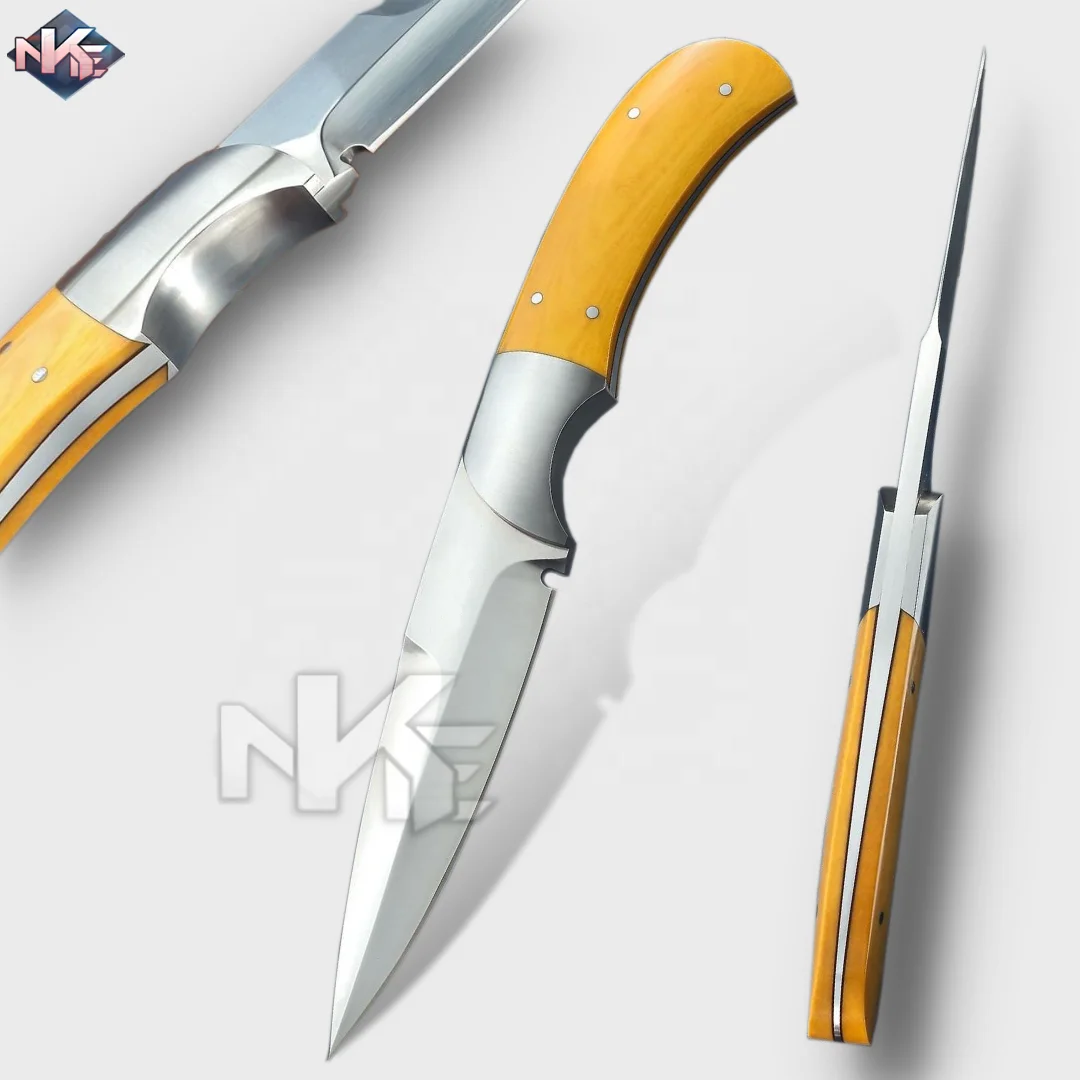 2022 New Camping Knife Premium Quality Tactical D-2 Steel Knife with Yellow G10 Handle and Cow Hide Leather Sheath