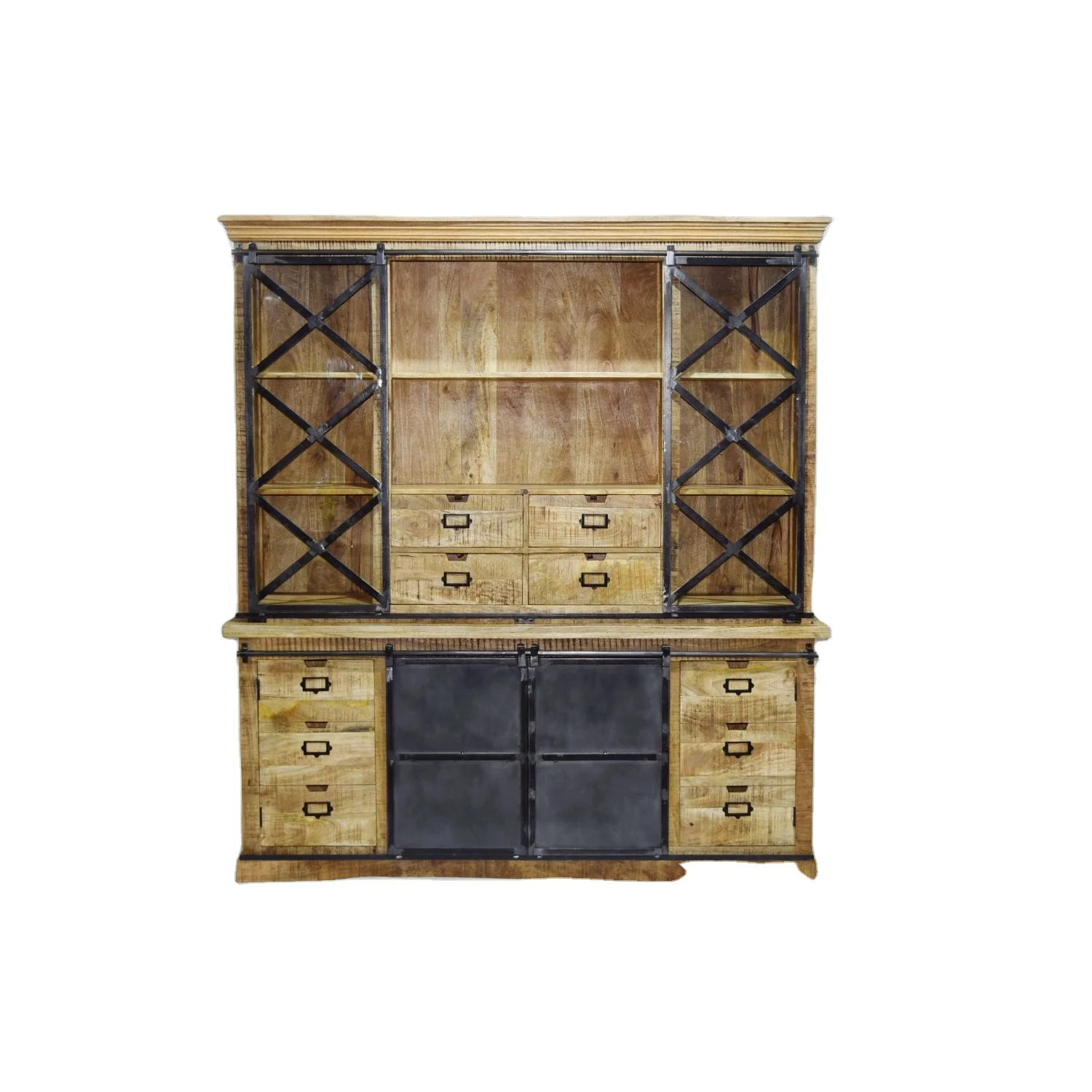 Latest Industrial Vintage Style Glass Iron Door Drawers Display Storage Hutch Buffet Vitrine Living Room Cabinet