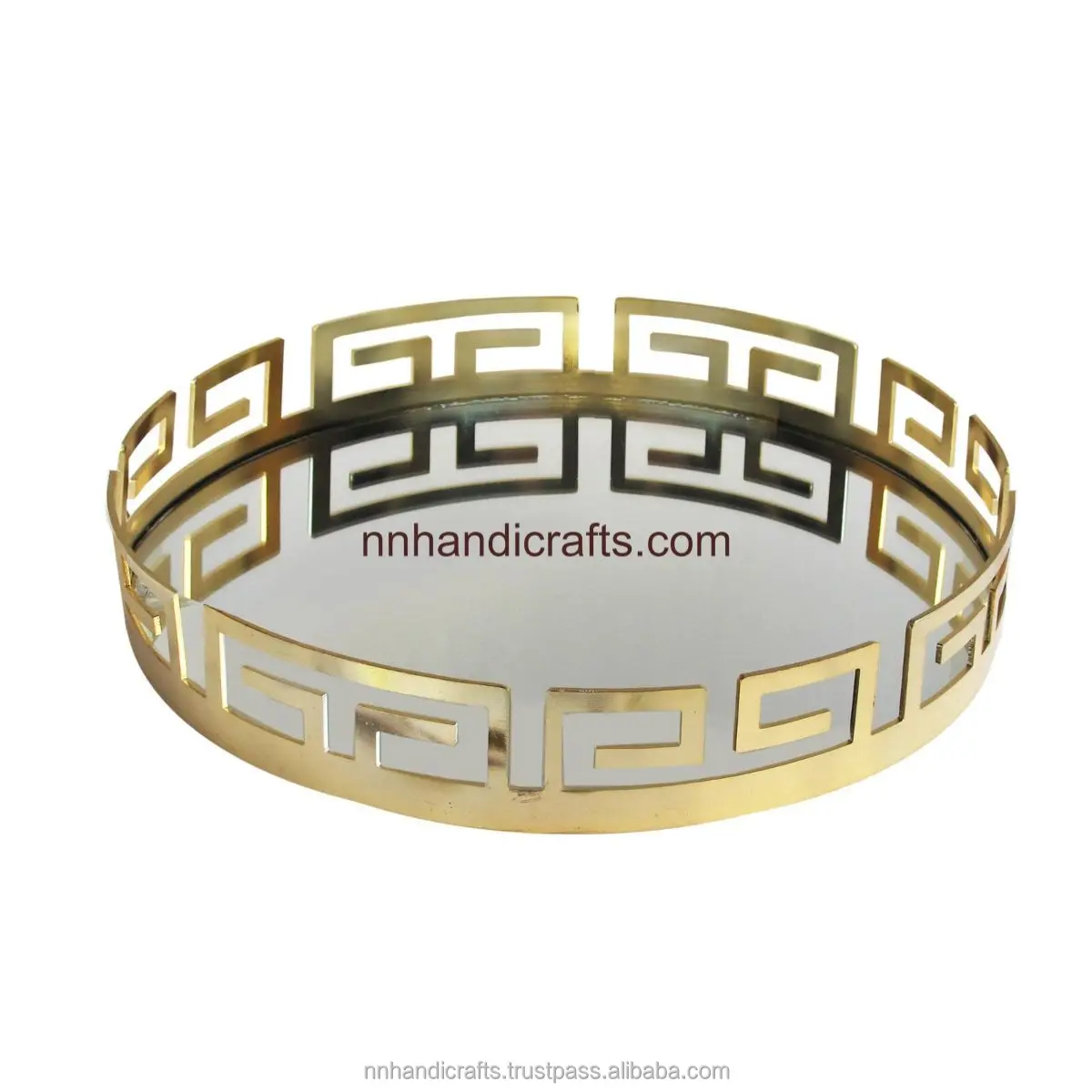 Antique Modern Classical Design Metal Serving Tray Round Golden Serving Tray With Mirror Base For Home Hotel Serve Ware Table