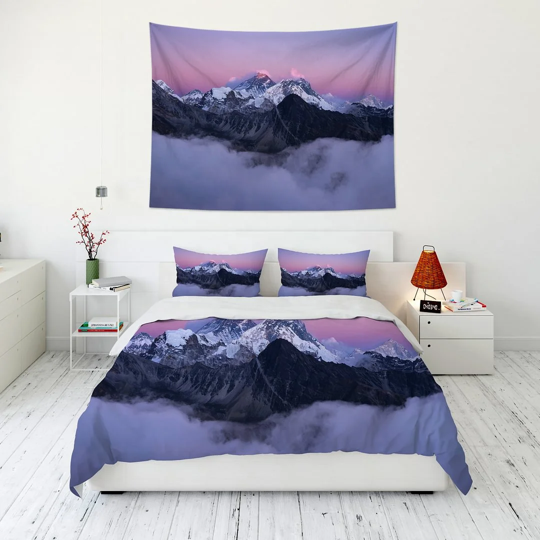Beautiful Scenery of the Summit of Mount Everest Tapestry Wall Hanging and 3Pcs Bedding Set Home Decor