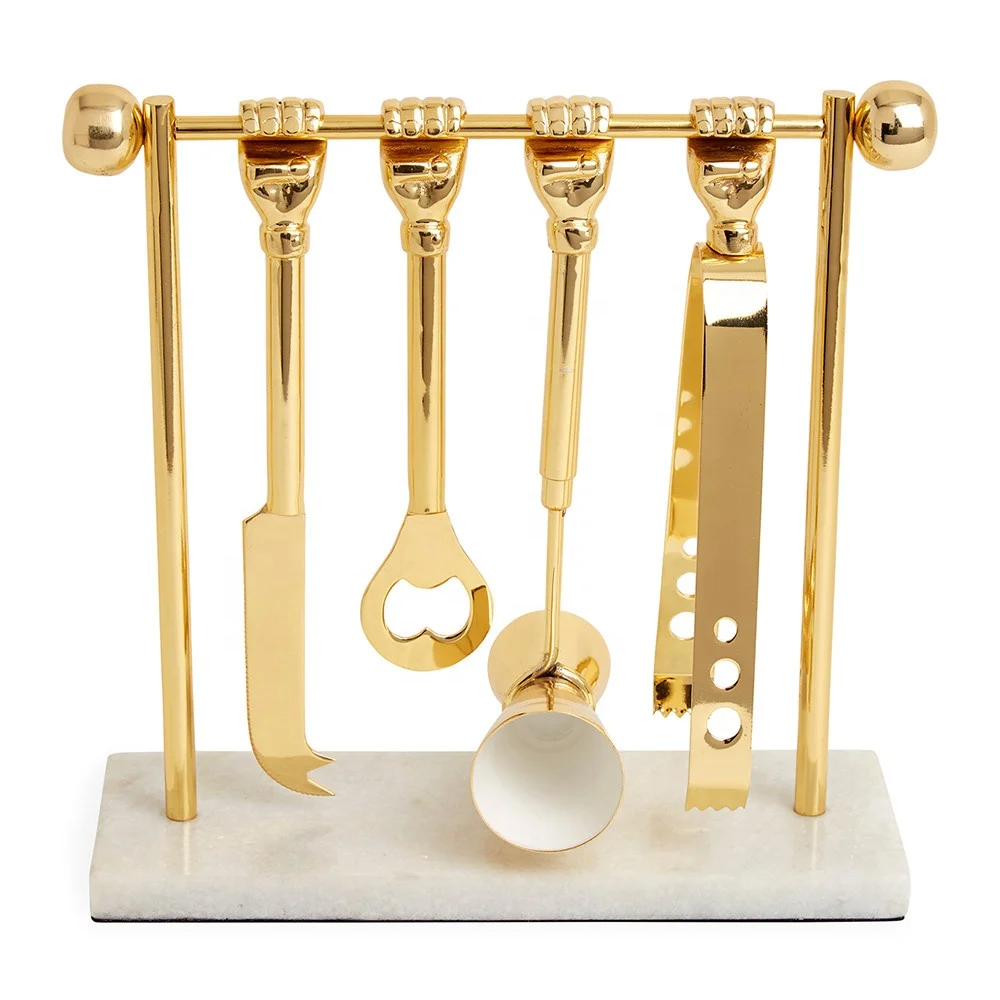 Brass Bright Golden Handmade Metal Handle Engraved Finished Bar Accessories Complete Royal Western Style Set