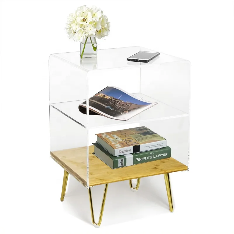 Clear Acrylic Side Table With Bamboo Partition Metal Foot