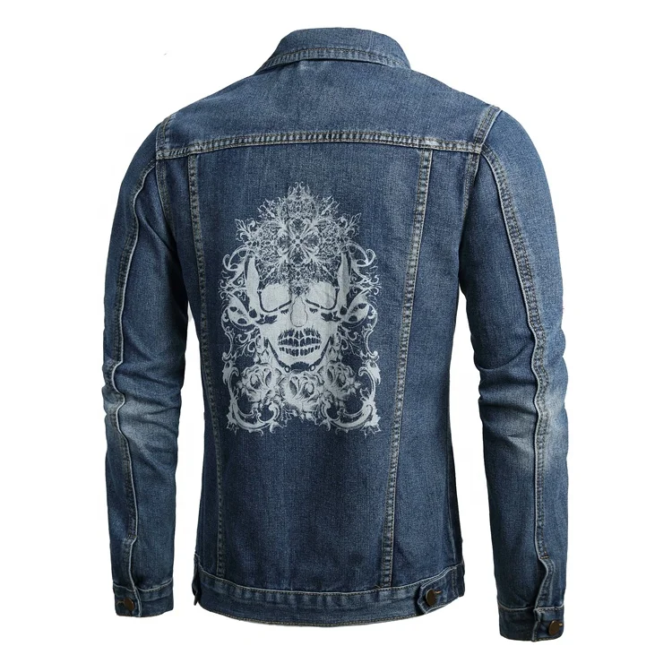 
OEM Custom Popular ODM Stock Paisley Features Printed Monkey Washed Mens Blue Regular Jean Denim Jacket 