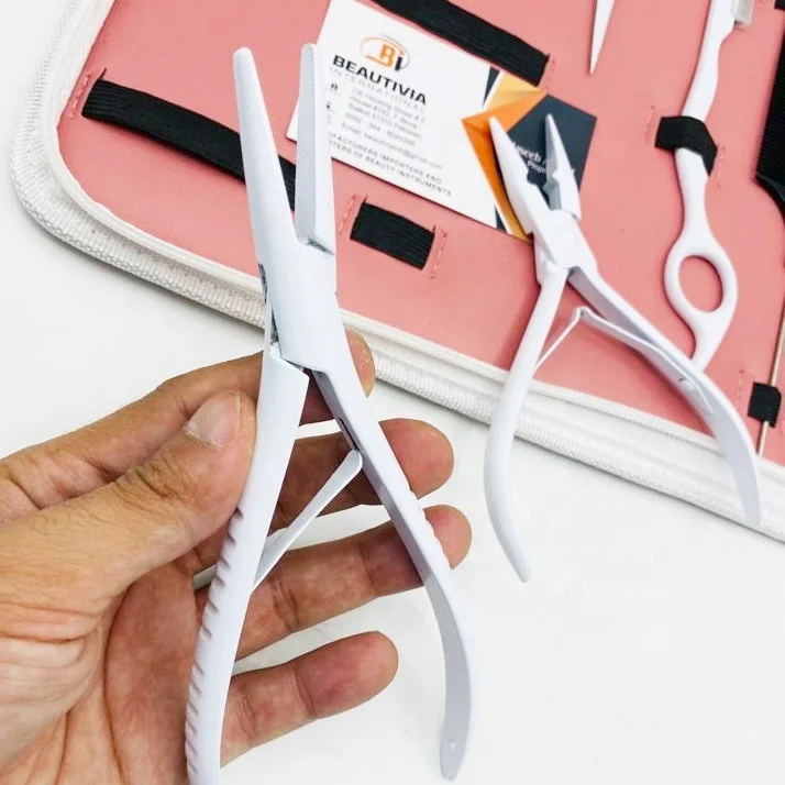 Best Selling White Matte Hair Extension Tool Kit Set Professional Hair Pliers With Micro beads, Alligator Clips, Scissors , Loop