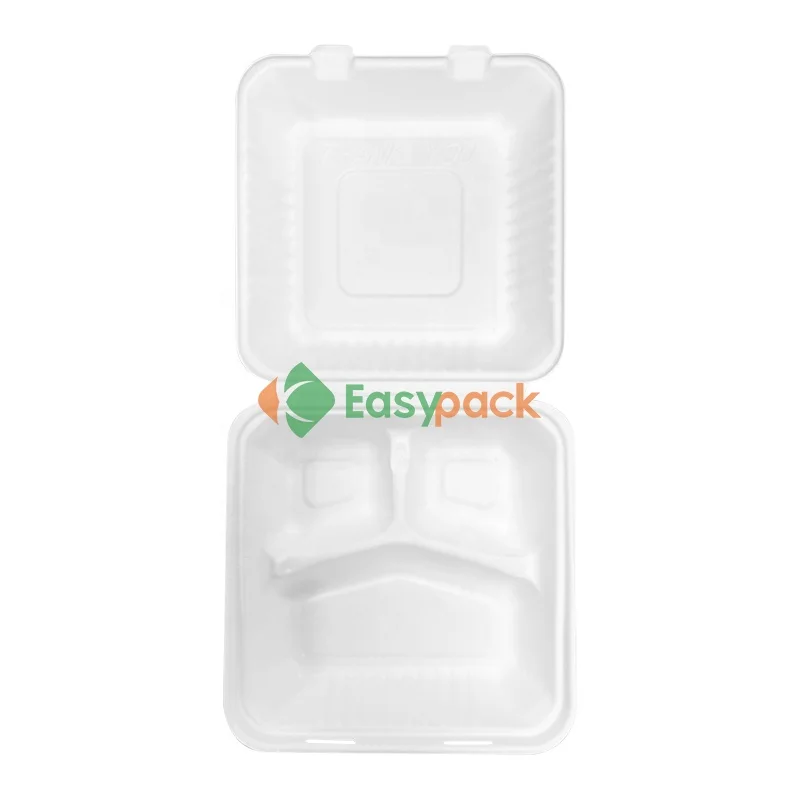 Disposable bleached food container bagasse lunch box biodegradable clamshell