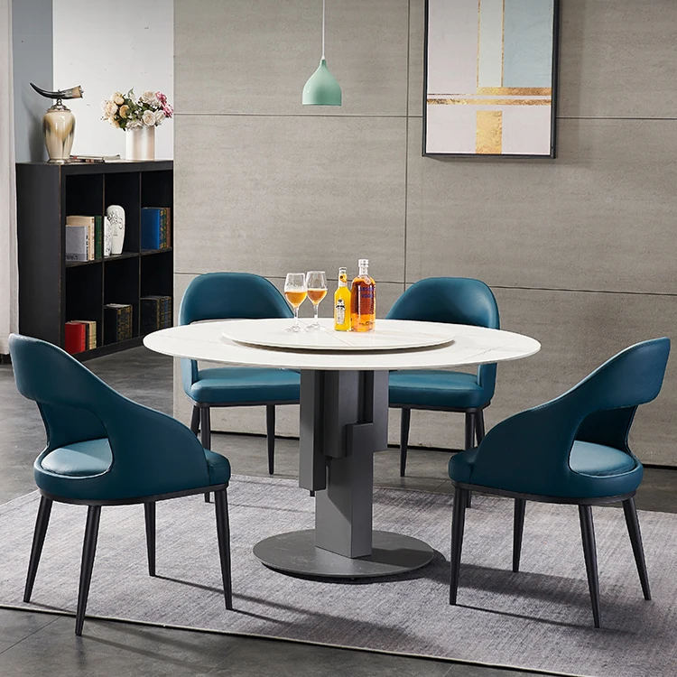 Luxury Diningroom Round Marble Dining Table Sintered Stone Top Stainless Steel Legs Lazy Susan Rotation Dining Table
