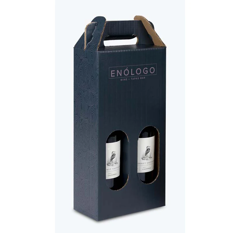 Custom Logo Printed High-End 2-Bottle Wine Box Corrugated Board Kraft Paper for Beer Red Wine & Vodka with Handle Window