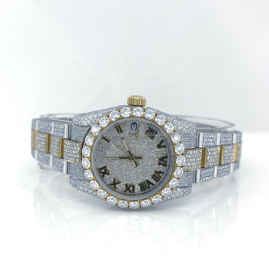 Two tone Silver and Yellow Gold Iced Out branded classic moissanite diamond watch Hip Hop Trending Watch for Rappers 2024