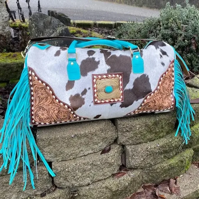 Cowhide Leather Duffel Bag with Turquoise Fringe  100% Full Grain Genuine Leather Multifunctional Adjustable Straps Uni