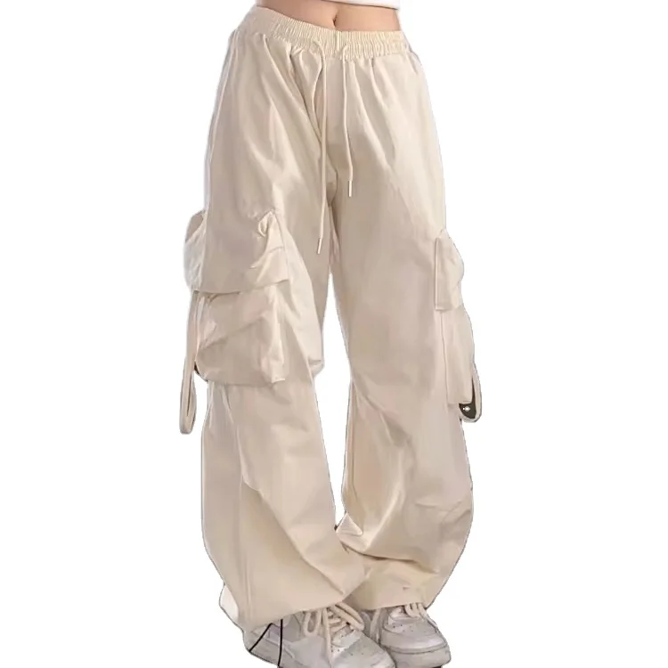 2024 Women korean baggy pants wide leg cargo pants casual solid beige fashion work trousers wholesale pants