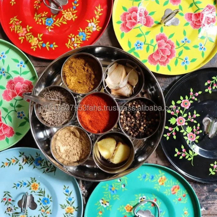 Indian Masala Box Antique Design 7 Cup Spice Container with Lid , Indian spice box, steel spice box