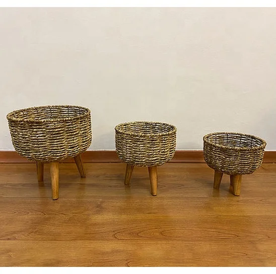 Unique Design Jute Rope Handwoven Planters Pot Basket Wicker Plant Pot with Stand for Indoor and Outdoor Decor