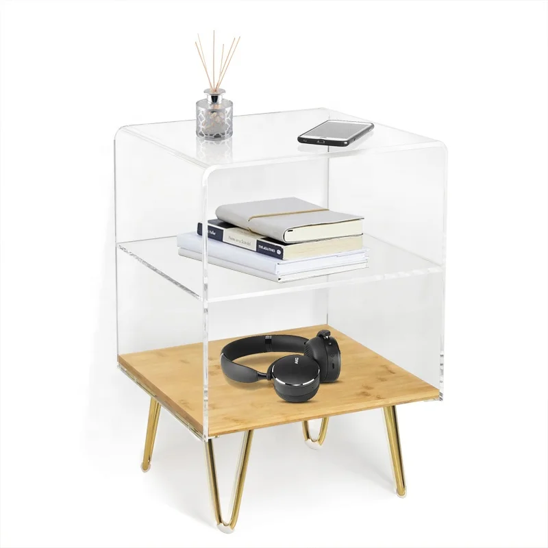 Clear Acrylic Side Table With Bamboo Partition Metal Foot