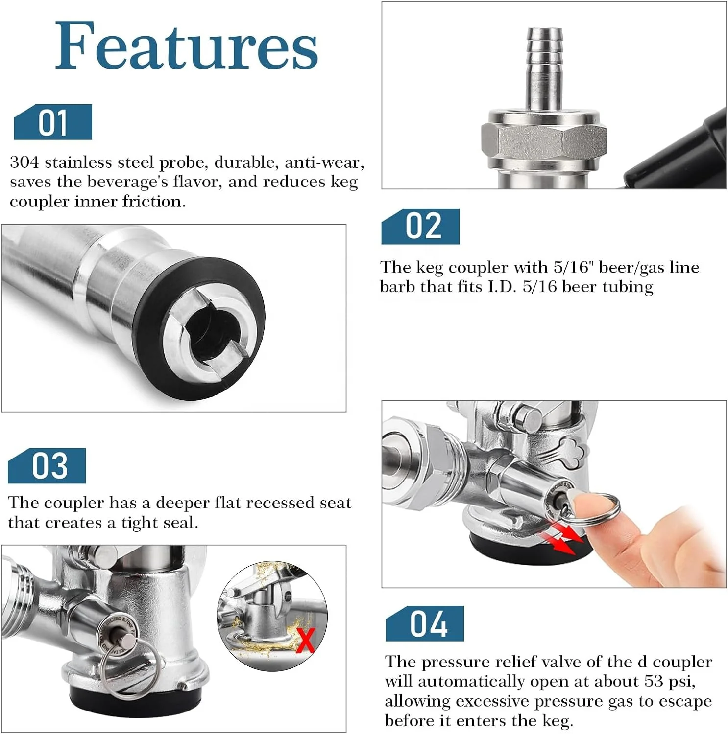 Keg Coupler 304 Stainless Steel Probe Sankey D System Keg Tap with Ball Lock Quick Disconnect Conversion for Kegerator Beer