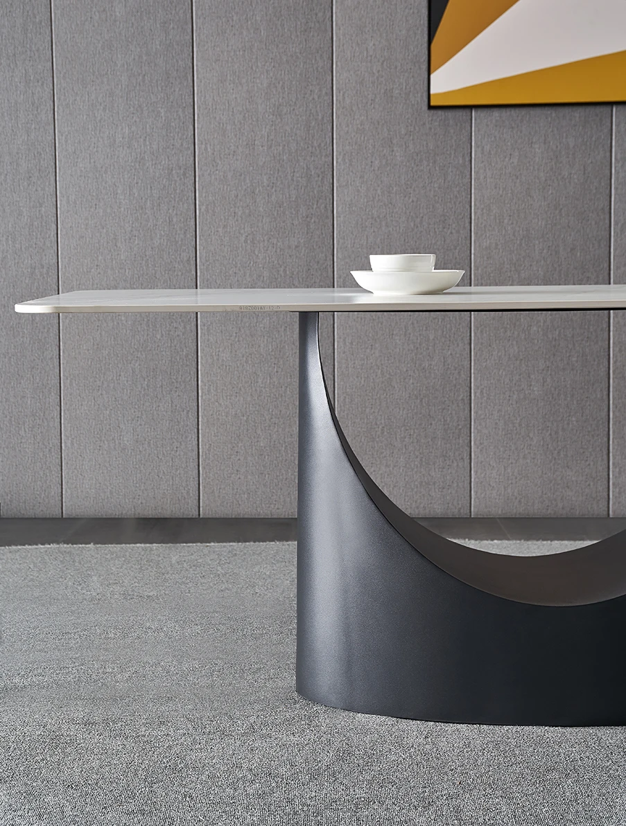 Minimalist Rectangular Marble Sintered Stone Top Steel Metal Legs Base Rectangular Dining Table