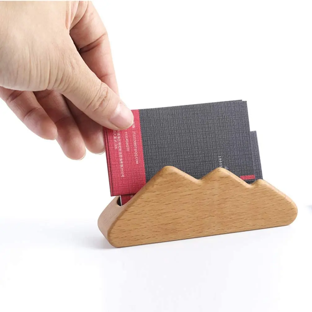 Custom Beech Wood Business Card Display Laser Cut Mountain Design Stand with Holder Case Organizer for Office Desk