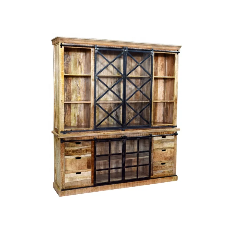 Hot Sale High Quality Solid Wood Frame Iron Sliding Door Glass Door Storage Drawers Display Cabinet for Home Hotel Farmhouse