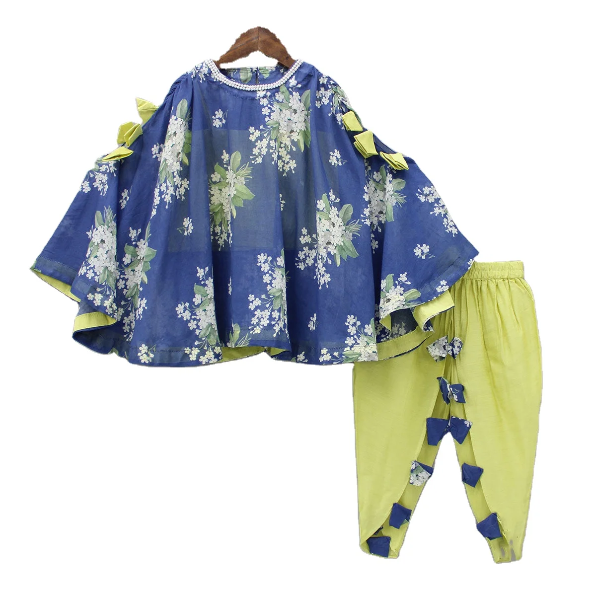 Lavish Fabric Girls Indian Patiala Punjabi Kids Wear Best Designer Fastening Printed Flared Cape Style Top With Tulip Dhoti