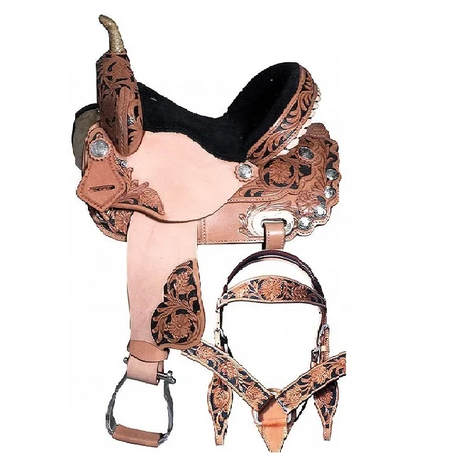 Portable Hot Sale Western Saddle Rough Out with Black Suede Leather Seat with matching Western Head Stall &  Breast Plate