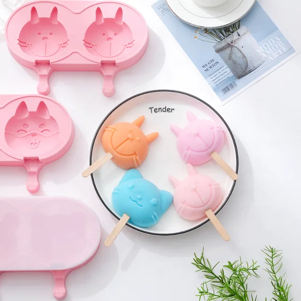Amazing 2 Cavities Homemade DIY Reusable Silicone Animal Shaped Ice Cream Pop Maker Mold with Lids and Wooden Sticks