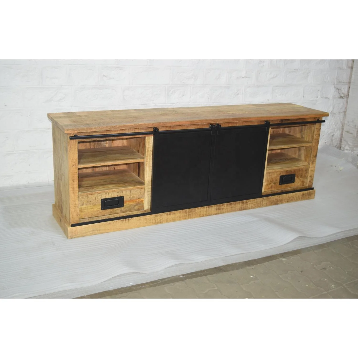 Industrial Vintage Solid Mango Wood and Iron TV Stand with Sliding Door Design for Living Room Office Home or Hotel