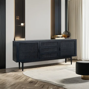 Black Chest Rattan side Storage Cabinet with 2 doors Living Room Wood Furniture Latest Design Modern