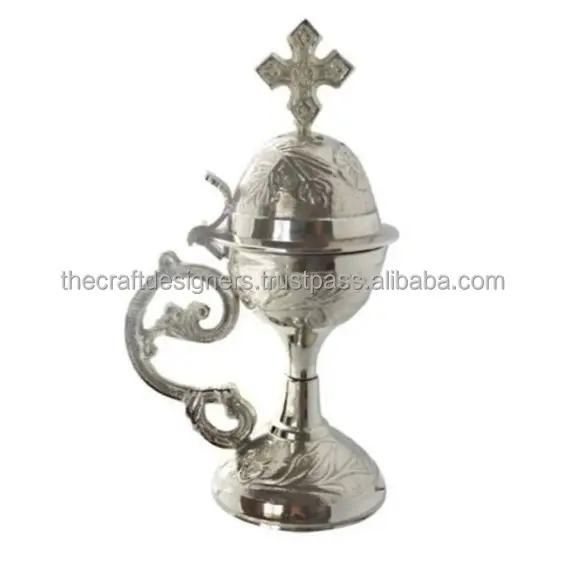 Silver Finished Brass Incense Burner Cross on Top Table Decorative Wholesale Quality Incense Burner Religious Fragrance Burner