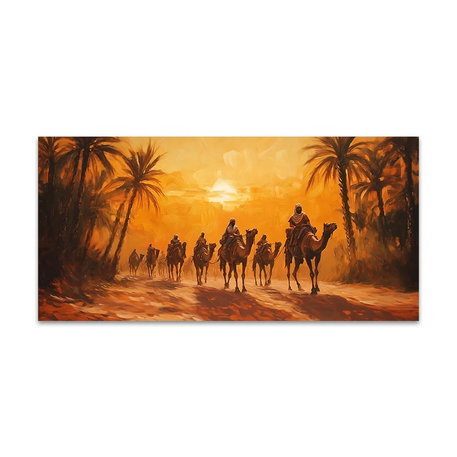 Custom Modern Camel Caravans Oil Paintings Hand-painted Desert Brush Stroke Arabic Date Palms Canvas Art Prints For Art Projects