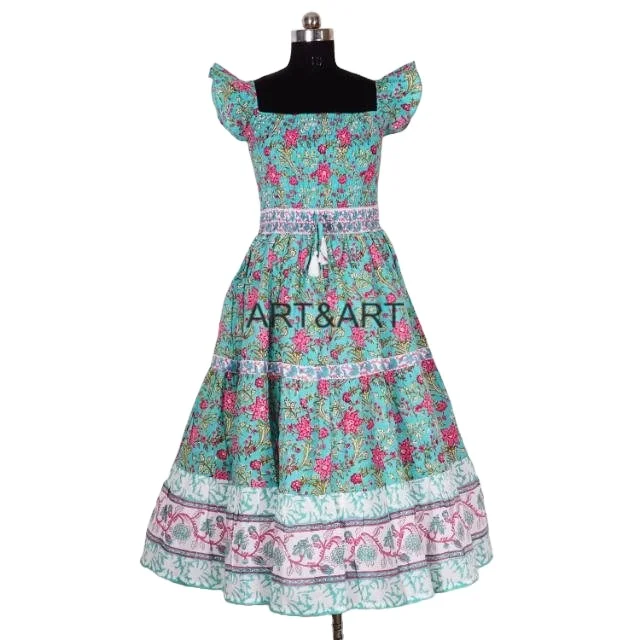 Korean-Style Casual Cotton Maxi Dress with Short Sleeved for Women Floral Print Patchwork Mix Colors Inspired by Indian Style