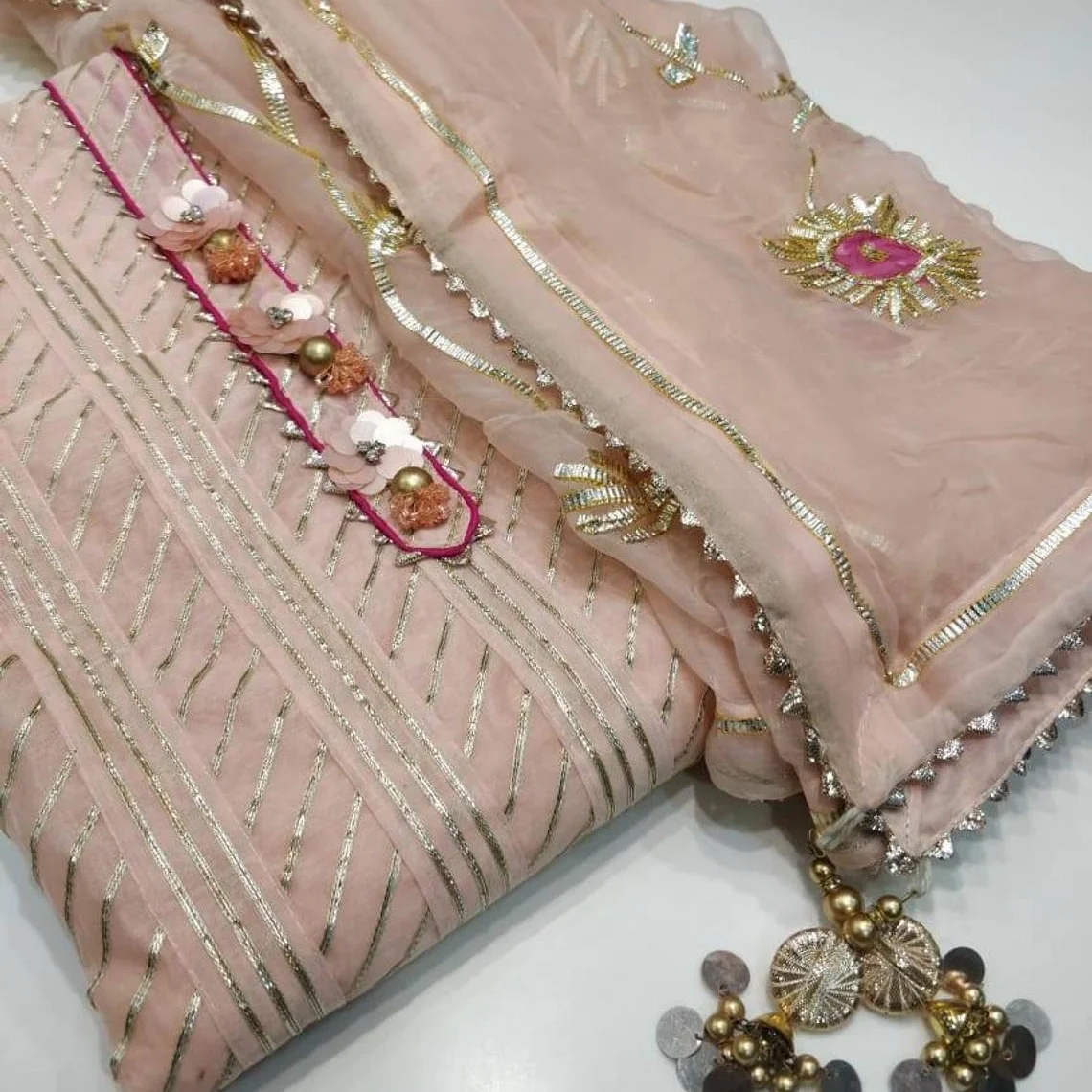 Рубашка сальвар камиз с ручной вышивкой, Красивая шифоновая рубашка с персиком и Патти, 2021