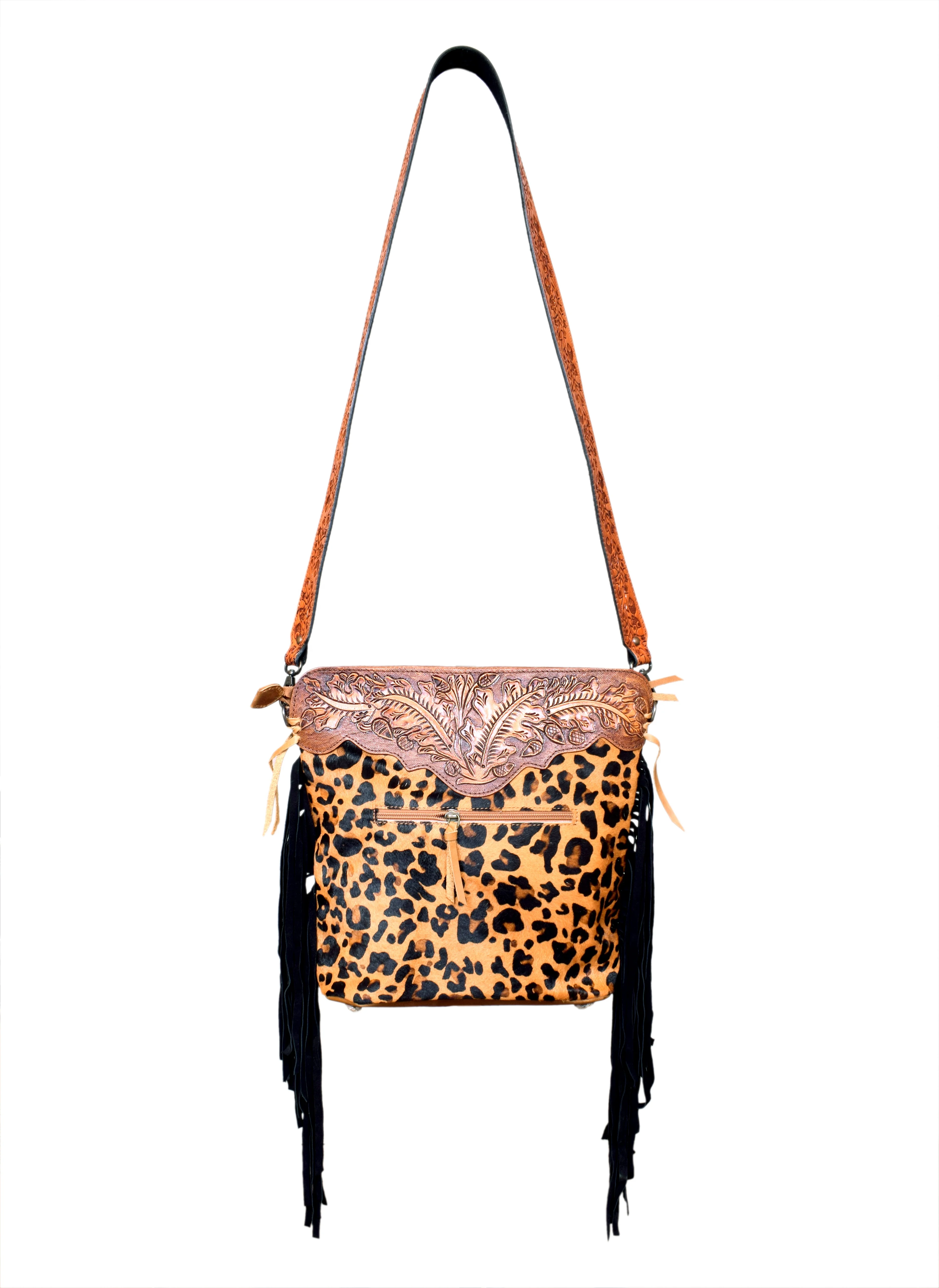 Leopard Print Cross Body Bag With Oak Leaf Pattern Hand Tooled Cowhide Patch on Top Hairon and Fur Leather Adjustable Straps