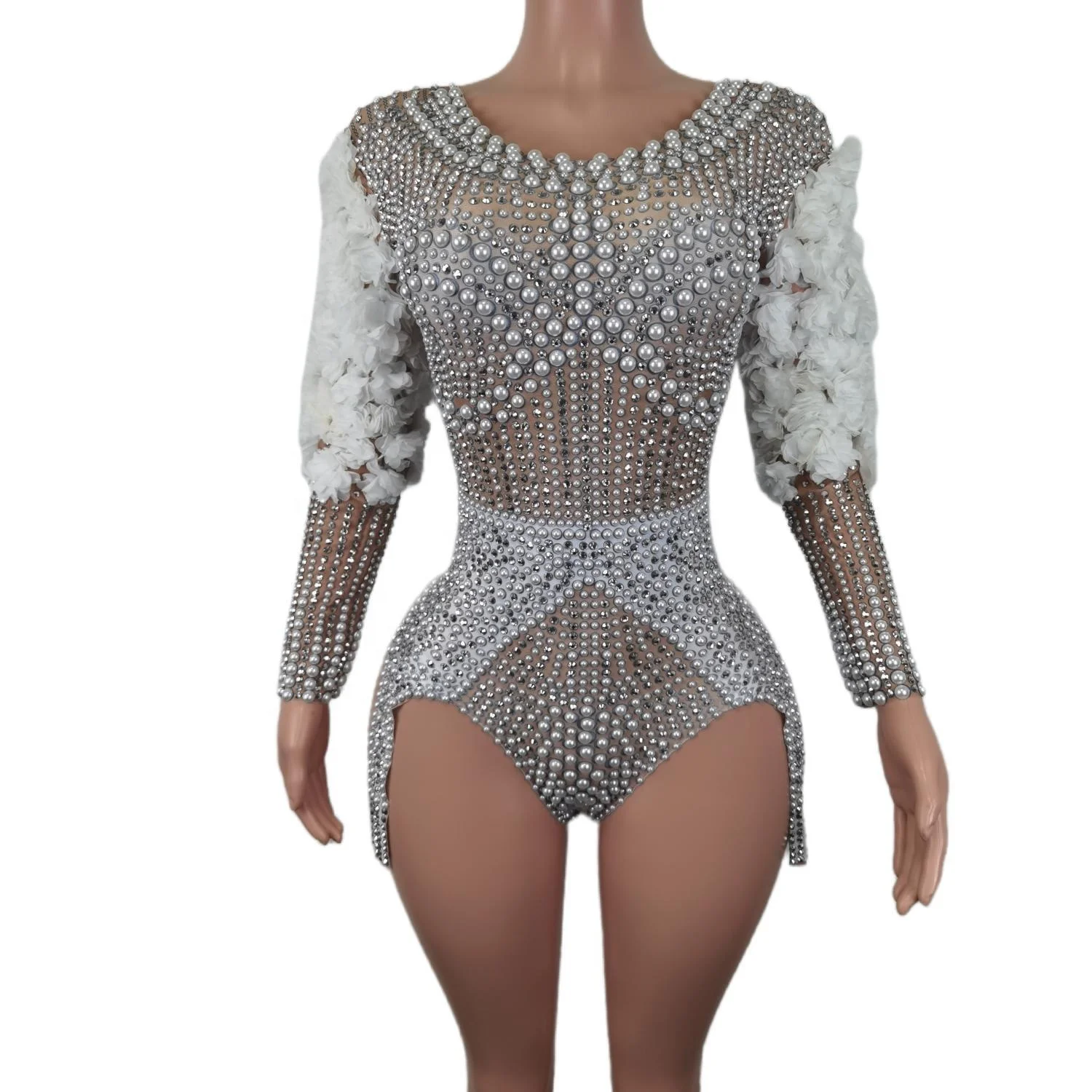 Sexy Performance Women Singer Leotard Stage Wear Beyonce Stretch Outfit Super Pearls Rhinestones Flower Playsuits