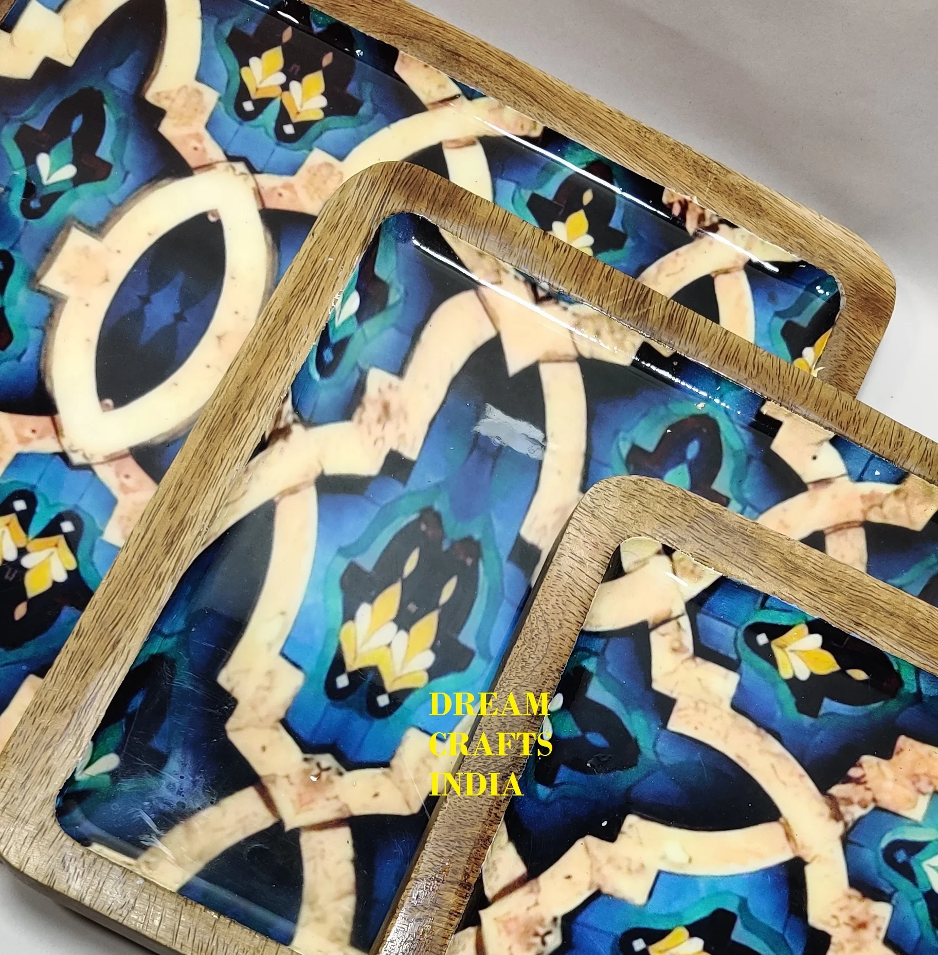 New look Solid Wood Dinner Plate Set Square Shape Customized Enamel Printed Food Grade Decorative Dessert Plates