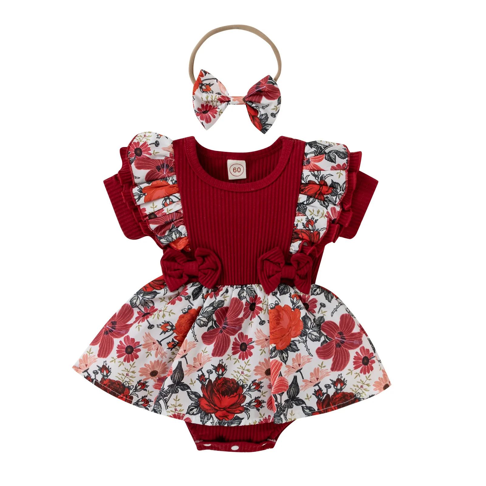 wholesale Baby Girls Dress Set Ruffle Summer Romper Short Sleeve Bow Skirt Cotton Baby Girl Romper
