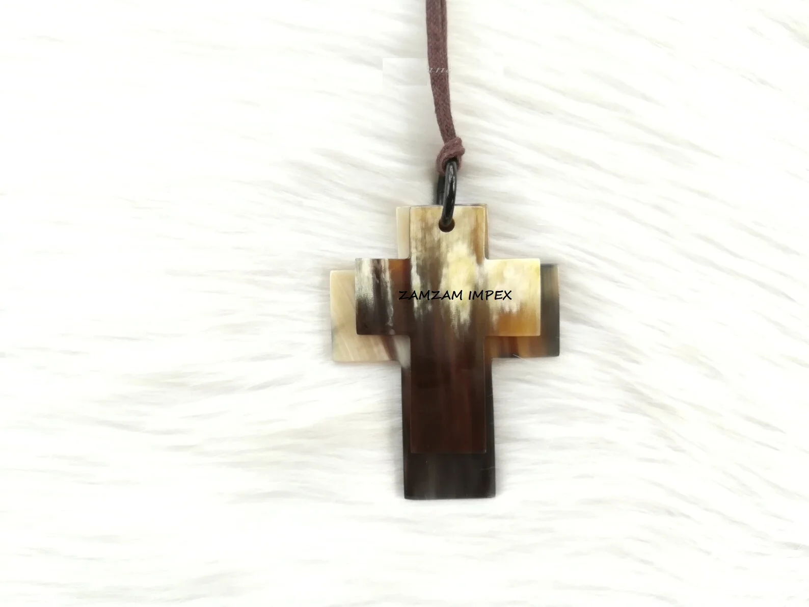 Unisex Gold Plated Cross-shaped Buffalo Horn Pendant Necklace Pearls Diamonds Amber Religious Christian Style Weddings Gifts