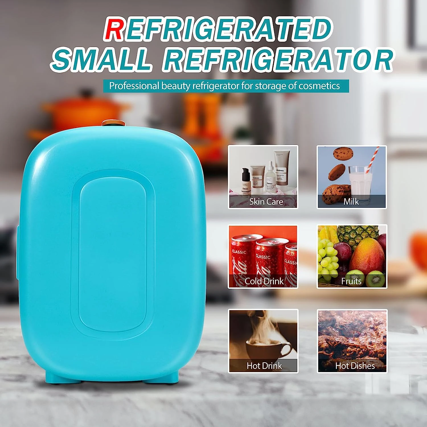 Portable Mini Fridge Cooler and Warmer, 4 Liter Capacity Chills 6 Cans, Snacks, and Skincare Products, A/C Operation,  (Blue)