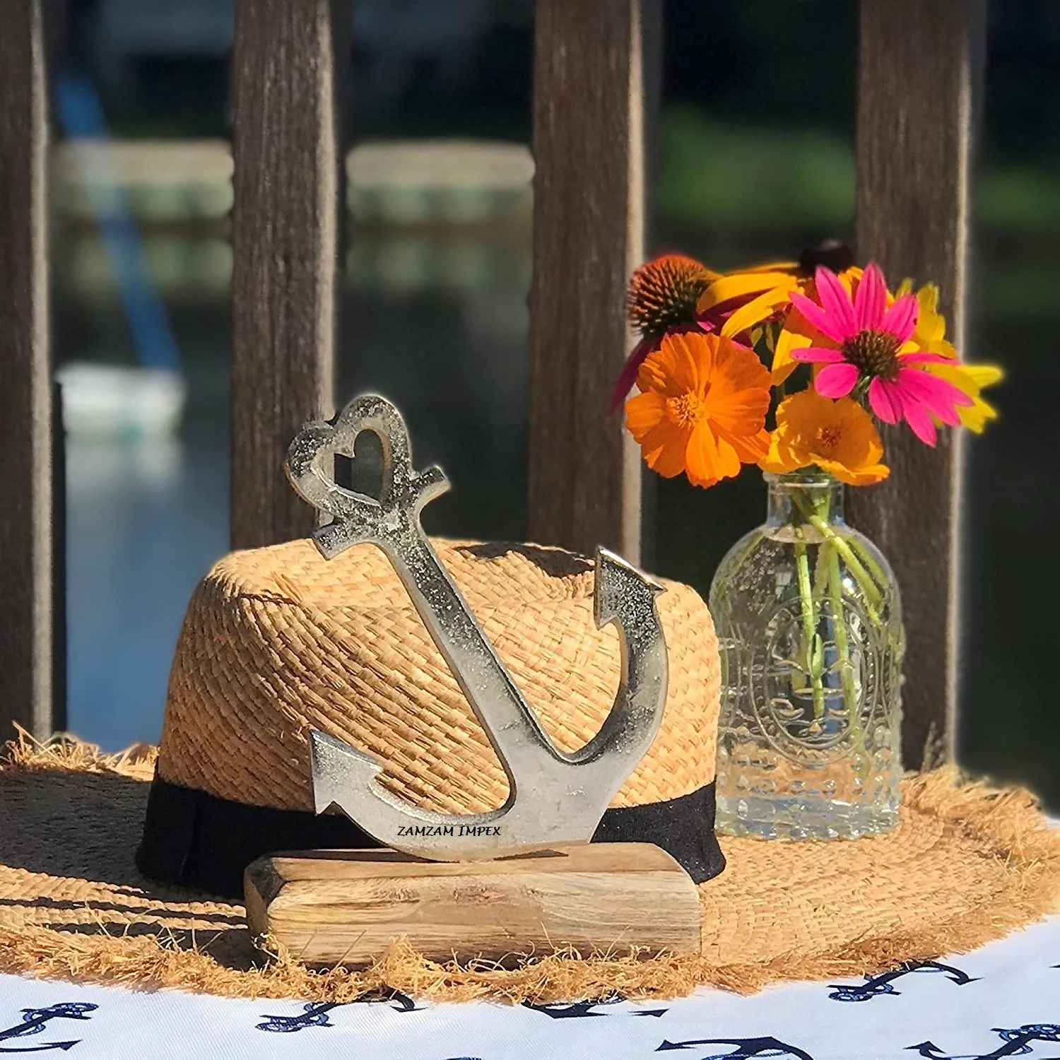 Hand Cast Aluminum Anchor Sculpture With Mango Wood Base