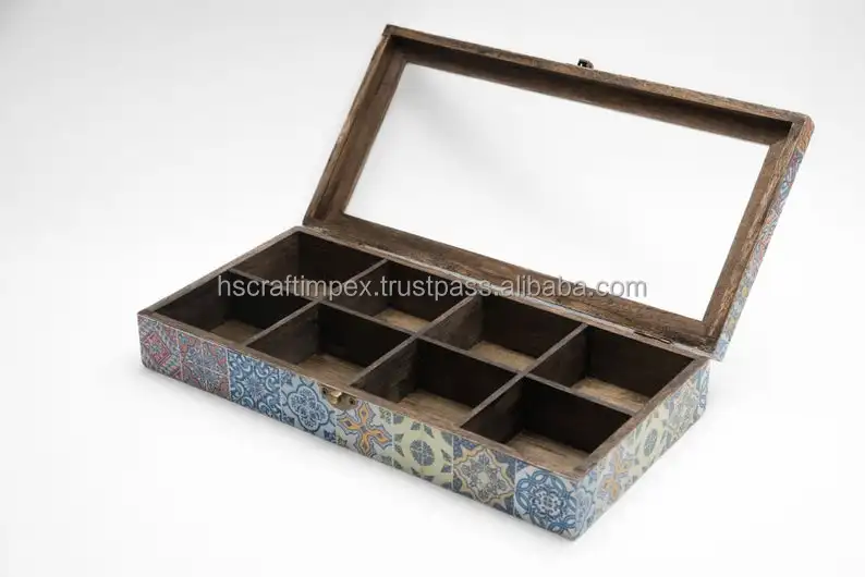 Деревянная чайная коробка премиум-класса с 8 отделениями органайзер для чайных пакетиков мозаикой со стеклянной крышкой и коробкой из МДФ.