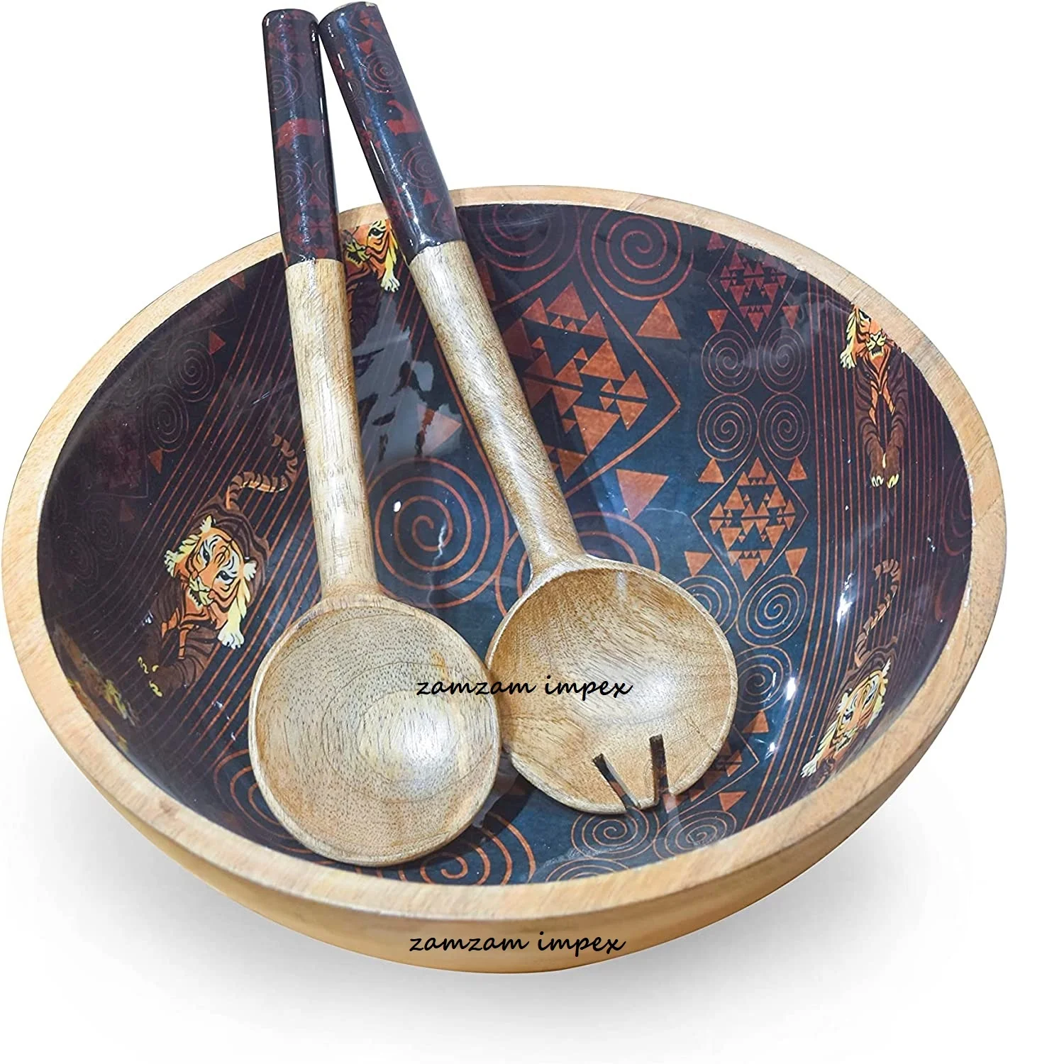 Mango Wood Safari Lion Printed Salad Bowl with Salad Servers Spoons