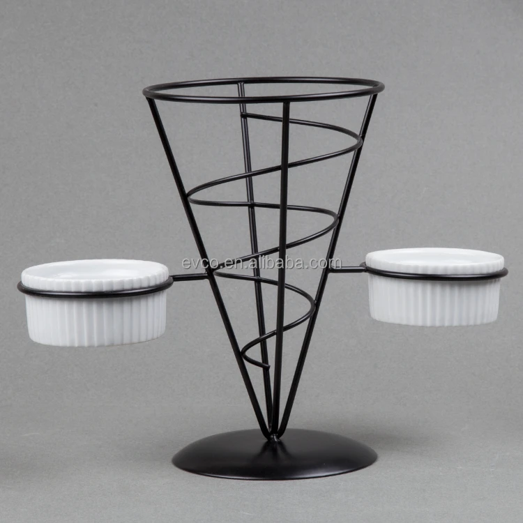 Wrought Iron French Fries Cone Holder Set in Black Powder Coated Surface with 2 Ceramic Ramekins